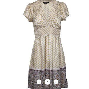 BCBG Max Azria - Ivory & Green Polka Dot Print Smocked Waist Dress Sz Large